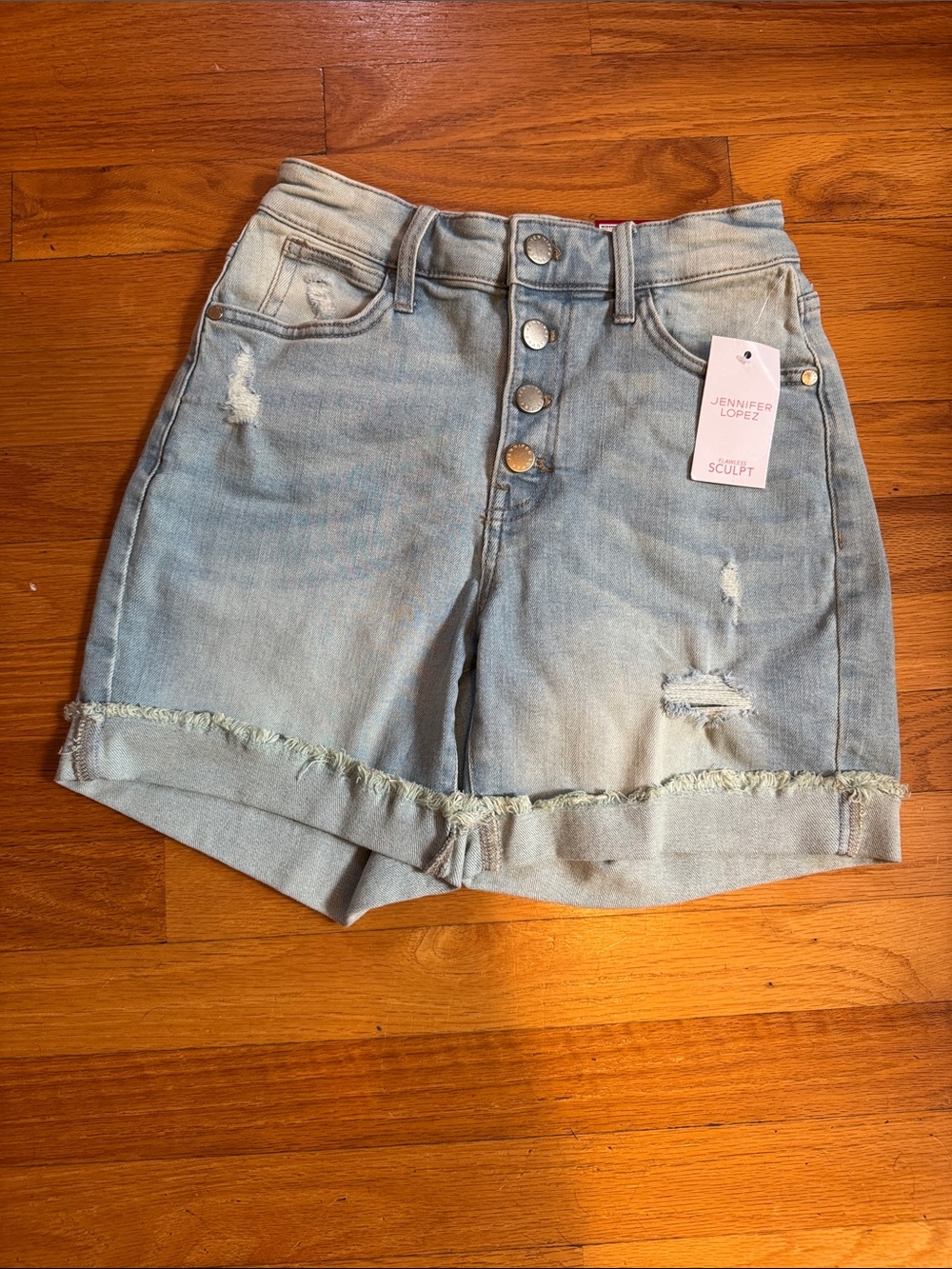 Jennifer Lopez Pale Blue Distressed Button-Front Denim Shorts - Picture 2 of 5